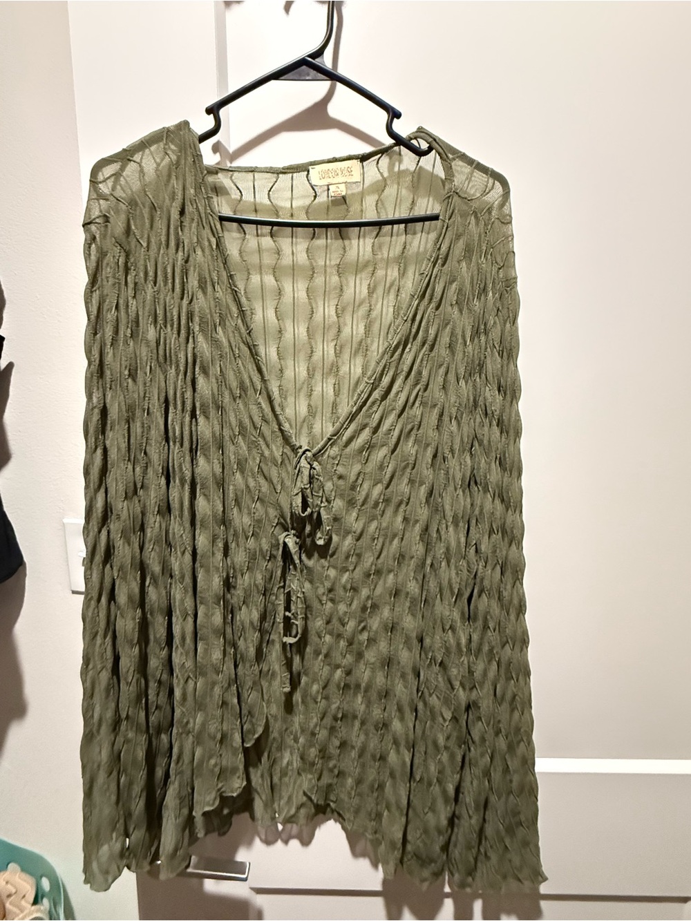 Olive Green Lightweight Textured Tie-Front Cardigan